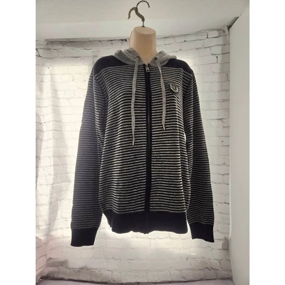 Ed Hardy Unisex Size Large Grey/Black Stripe Wool Blend Full Zip Hooded Sweater